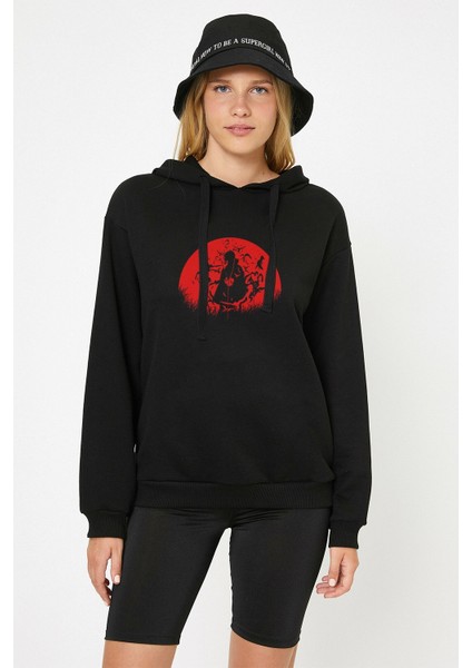 Uchiha Itachi Baskılı Siyah Kadın Örme Kapşonlu Sweatshirt Uzun Kol