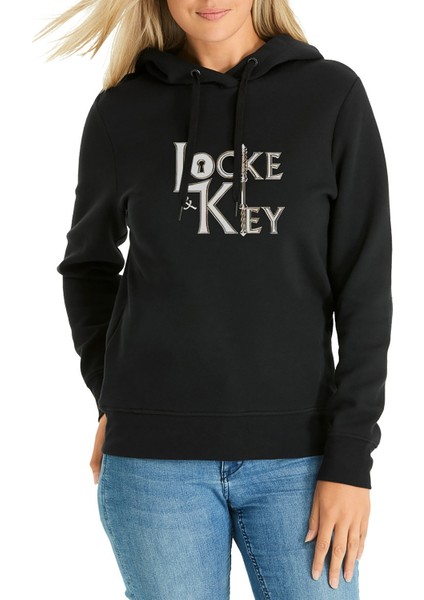 And Key All Keys Lockekey Tt Baskılı Siyah Kadın Örme Kapşonlu Sweatshirt Uzun Kol