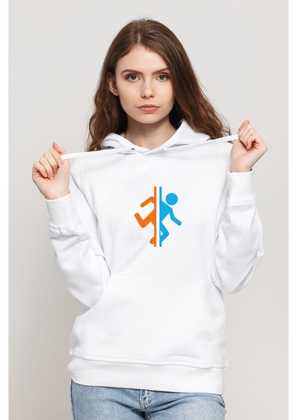 Silhouette Portal Baskılı Beyaz Kadın Örme Kapşonlu Sweatshirt Uzun Kol