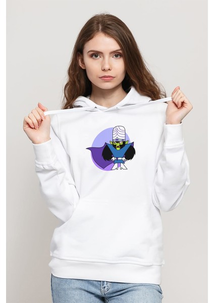 Powerpuff Girls Mojo Jojo 2 Baskılı Kadın Örme Kapüşonlu Beyaz Sweatshirt Uzun Kol