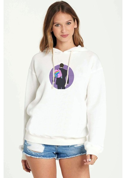 Altered Carbon Hello Unicorn Baskılı Kadın Örme Kapüşonlu Beyaz Sweatshirt Uzun Kol