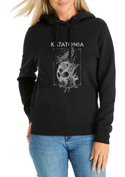 Skull Kurukafa Metal Music Baskılı Siyah Kadın Örme Kapşonlu Sweatshirt Uzun Kol