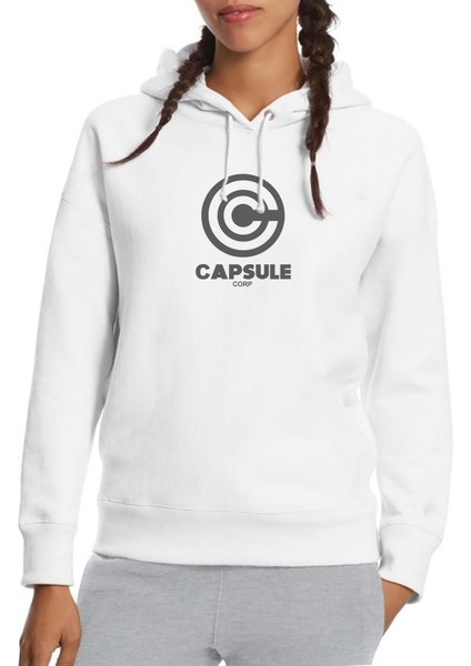 Capsule Corp Baskılı Beyaz Kadın Örme Kapşonlu Sweatshirt Uzun Kol