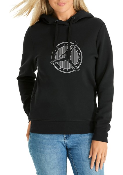 Basketbol Club Baskılı Siyah Kadın Örme Kapşonlu Sweatshirt Uzun Kol