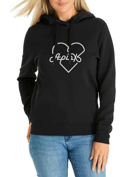 Apink Logo Kalp Baskılı Siyah Kadın Örme Kapşonlu Sweatshirt Uzun Kol