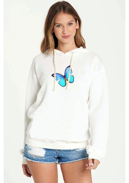 Watercolor Blue Butterfly Kelebek Baskılı Kadın Örme Kapüşonlu Beyaz Sweatshirt Uzun Kol