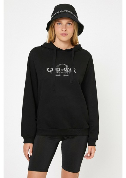 God Of War Baskılı Siyah Kadın Örme Kapşonlu Sweatshirt Uzun Kol