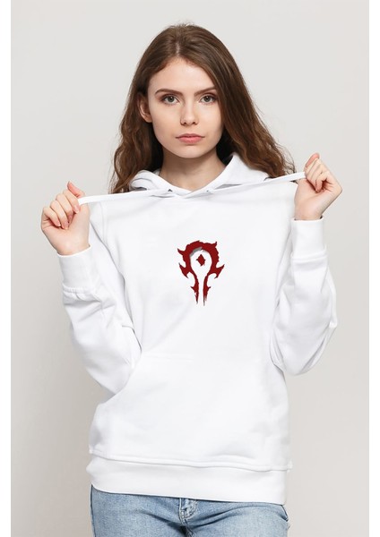 Horde Logo Baskılı Beyaz Kadın Örme Kapşonlu Sweatshirt Uzun Kol