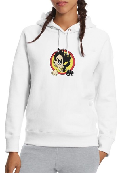 The Offspring Logo 7 Baskılı Beyaz Kadın Örme Kapşonlu Sweatshirt Uzun Kol
