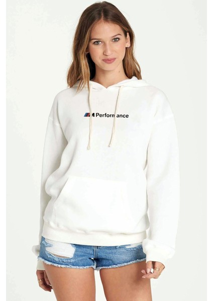 Araba M Power Baskılı Beyaz Kadın Örme Kapşonlu Sweatshirt Uzun Kol
