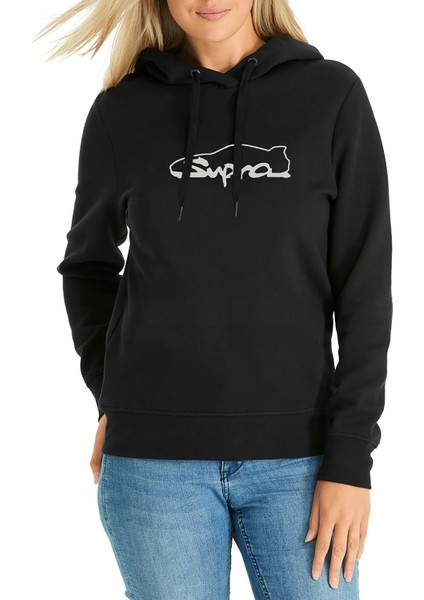 Araba Supra Logo Baskılı Siyah Kadın Örme Kapşonlu Sweatshirt Uzun Kol