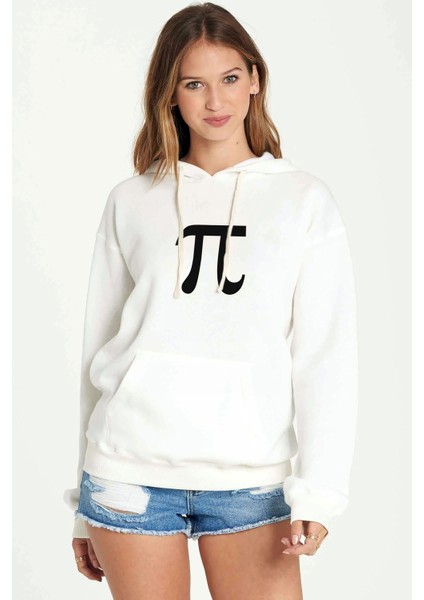 Pi Black Logo Baskılı Beyaz Kadın Örme Kapşonlu Sweatshirt Uzun Kol