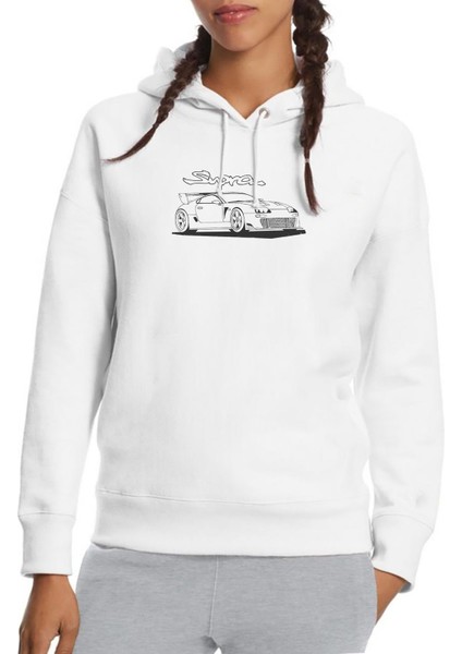 Araba Supra Baskılı Beyaz Kadın Örme Kapşonlu Sweatshirt Uzun Kol