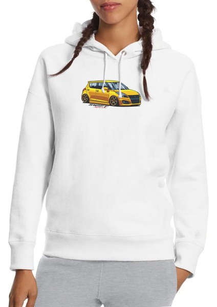 Suzuki Swift Baskılı Beyaz Kadın Örme Kapşonlu Sweatshirt Uzun Kol