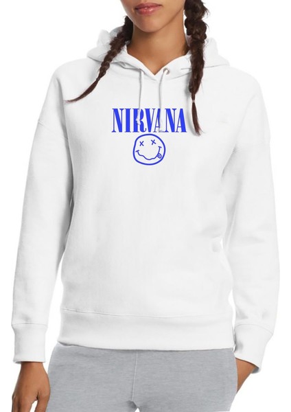 Nirvana Baskılı Beyaz Kadın Örme Kapşonlu Sweatshirt Uzun Kol