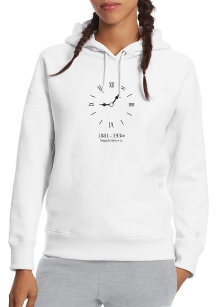10 Kasım Saat 09 05 Baskılı Beyaz Kadın Örme Kapşonlu Sweatshirt Uzun Kol