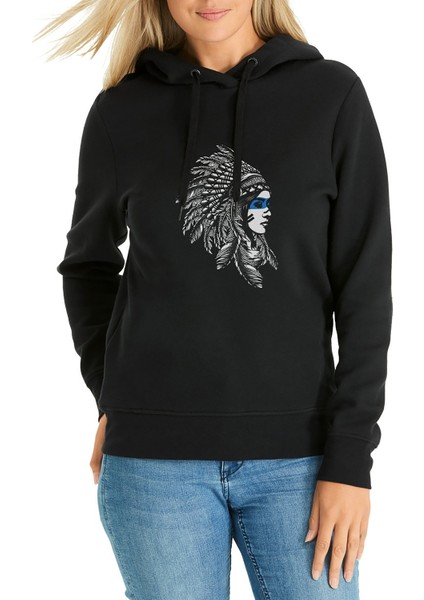 Kızılderili Kız Mavi Şeritli Baskılı Siyah Kadın Örme Kapşonlu Sweatshirt Uzun Kol