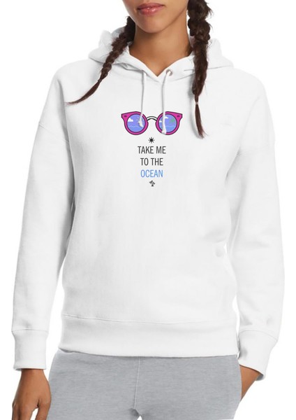 Take Me To The Ocean Gözlük Baskılı Beyaz Kadın Örme Kapşonlu Sweatshirt Uzun Kol