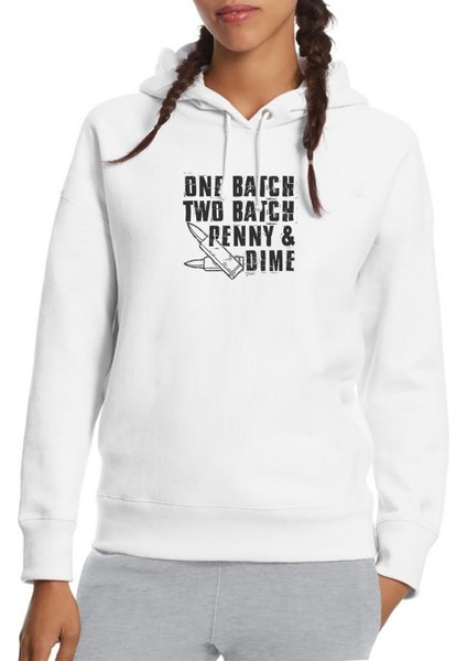 Punisher One Batch Two Batch Baskılı Beyaz Kadın Örme Kapşonlu Sweatshirt Uzun Kol