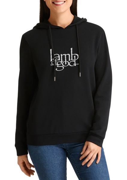 Lamb Of God Logo Baskılı Siyah Kadın Örme Kapşonlu Sweatshirt Uzun Kol