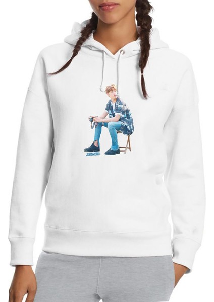 K Pop Jeon Jungkook K Pop Baskılı Beyaz Kadın Örme Kapşonlu Sweatshirt Uzun Kol