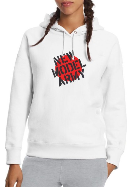 New Model Army Logo Baskılı Beyaz Kadın Örme Kapşonlu Sweatshirt Uzun Kol