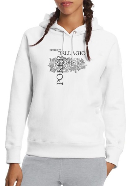 Gamblıng Money Alcohol Tipografi Baskılı Beyaz Kadın Örme Kapşonlu Sweatshirt Uzun Kol