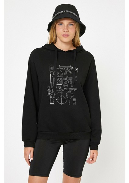 Pubg Pubg Envanter Baskılı Siyah Kadın Örme Kapşonlu Sweatshirt Uzun Kol