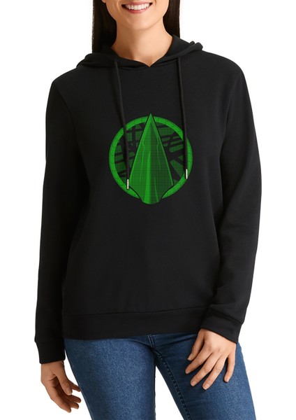 Arrow Logo Classic Baskılı Siyah Kadın Örme Kapşonlu Sweatshirt Uzun Kol