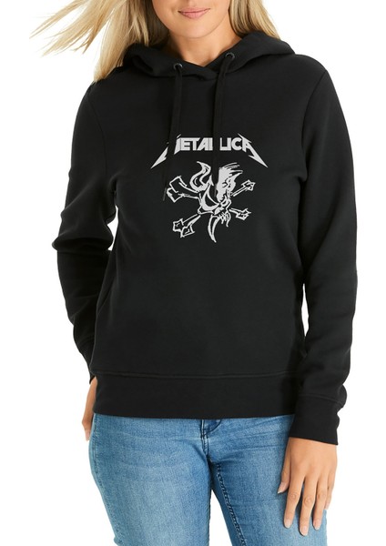 Metallica Skull Baskılı Siyah Kadın Örme Kapşonlu Sweatshirt Uzun Kol