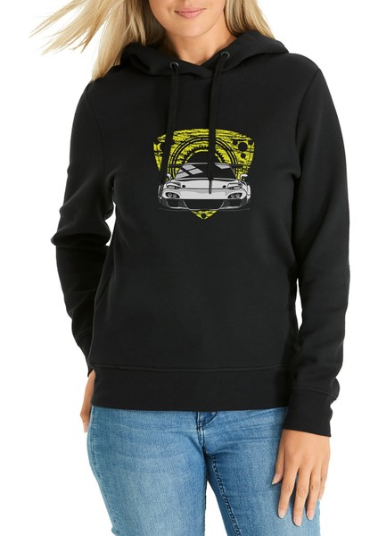 Mazda Rx7 Fd Baskılı Siyah Kadın Örme Kapşonlu Sweatshirt Uzun Kol