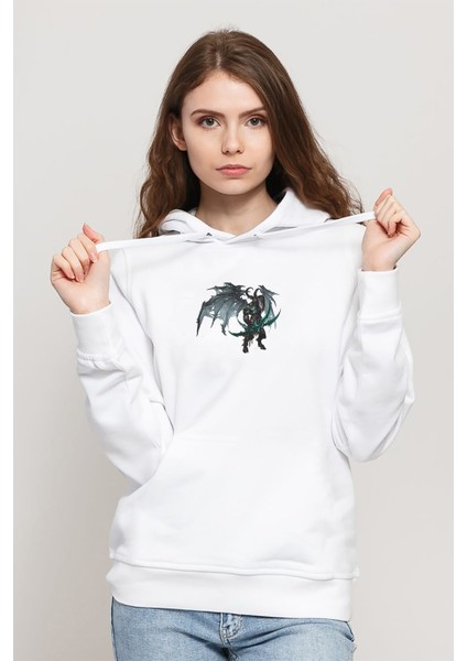 World Of Warcraft Illidan Stormrage Baskılı Beyaz Kadın Örme Kapşonlu Sweatshirt Uzun Kol