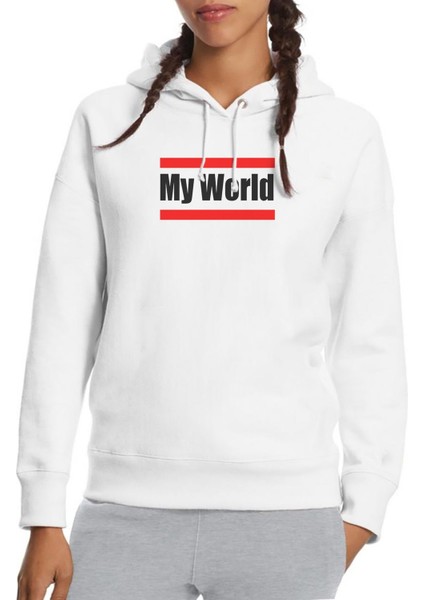 My World Baskılı Beyaz Kadın Örme Kapşonlu Sweatshirt Uzun Kol