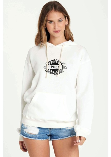 Pubg Pubg Wınner Beyaz Baskılı Beyaz Kadın Örme Kapşonlu Sweatshirt Uzun Kol
