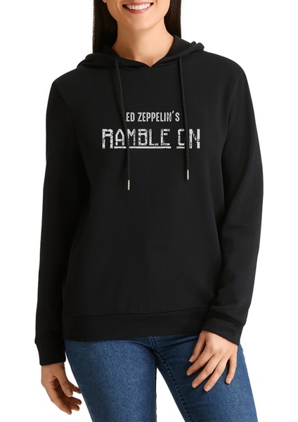 LED Zeppelin Rample On Baskılı Siyah Kadın Örme Kapşonlu Sweatshirt Uzun Kol