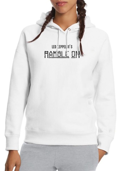 LED Zeppelin Rample On Baskılı Beyaz Kadın Örme Kapşonlu Sweatshirt Uzun Kol