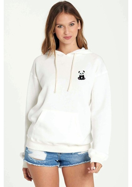 Panda Göğüs Baskılı Beyaz Kadın Örme Kapşonlu Sweatshirt Uzun Kol
