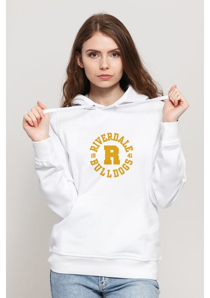 Riverdale Riverdale Bulldogs Yazi Baskılı Beyaz Kadın Örme Kapşonlu Sweatshirt Uzun Kol
