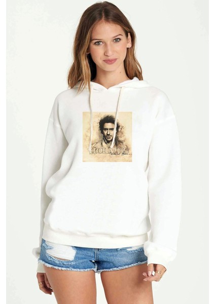 Sherlock Holmes 2 Baskılı Beyaz Kadın Örme Kapşonlu Sweatshirt Uzun Kol