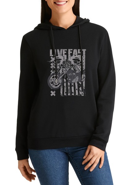 Live Fast Motorsiklet Baskılı Siyah Kadın Örme Kapşonlu Sweatshirt Uzun Kol