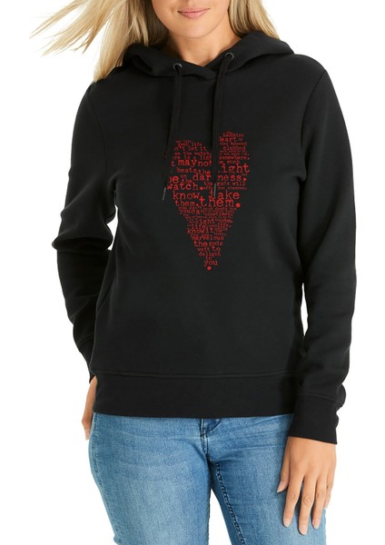 Charles Bukowski Heart Your Life Is Baskılı Siyah Kadın Örme Kapşonlu Sweatshirt Uzun Kol