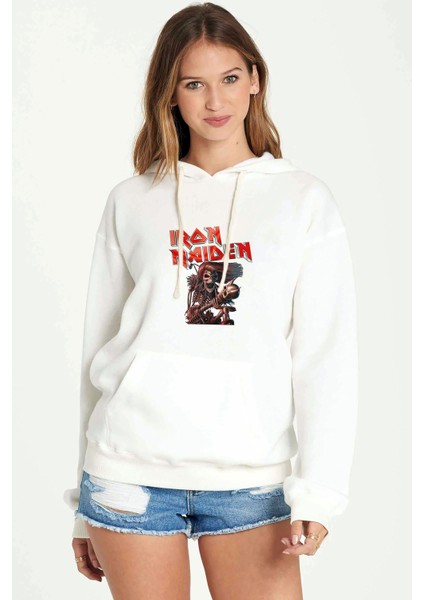 Iron Maiden Ed Force One Canavar Yolda Baskılı Beyaz Kadın Örme Kapşonlu Sweatshirt Uzun Kol