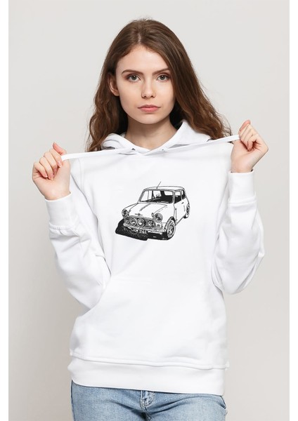 Mini Araba Çizim Baskılı Beyaz Kadın Örme Kapşonlu Sweatshirt Uzun Kol