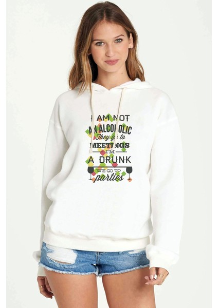 I Am Not Alcoholic Baskılı Beyaz Kadın Örme Kapşonlu Sweatshirt Uzun Kol