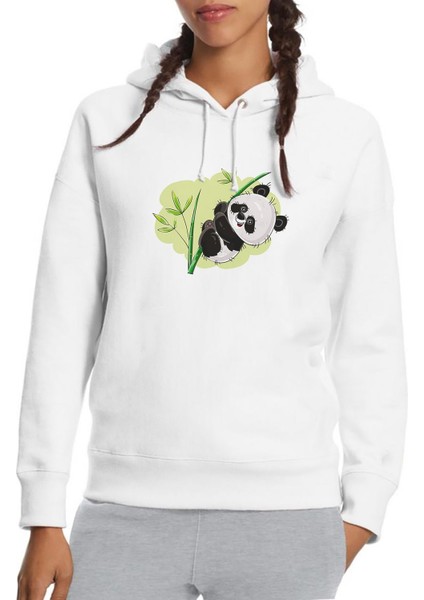 Panda Baskılı Beyaz Kadın Örme Kapşonlu Sweatshirt Uzun Kol