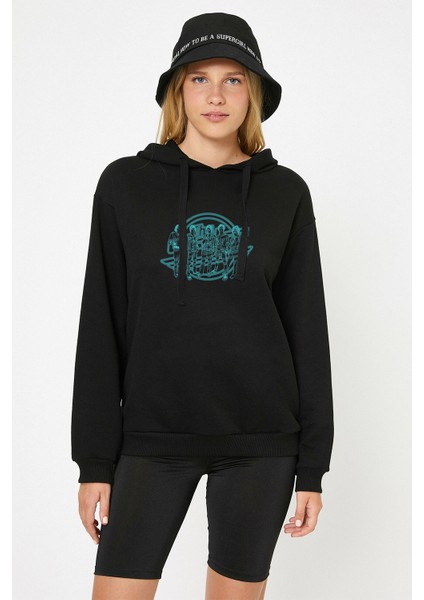 Strokes Is This It Logo Widescreen Baskılı Siyah Kadın Örme Kapşonlu Sweatshirt Uzun Kol