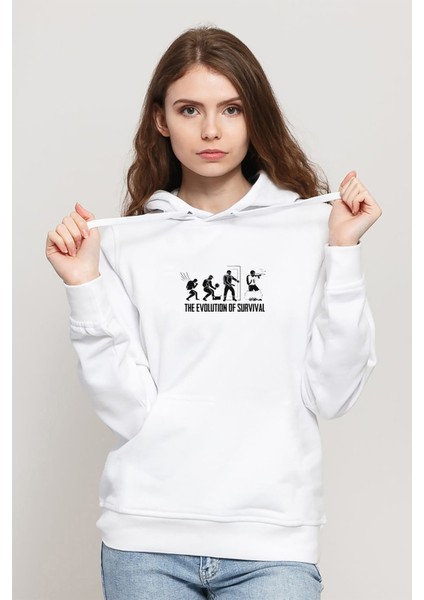 Pubg Pubg Evolıtıon Baskılı Beyaz Kadın Örme Kapşonlu Sweatshirt Uzun Kol