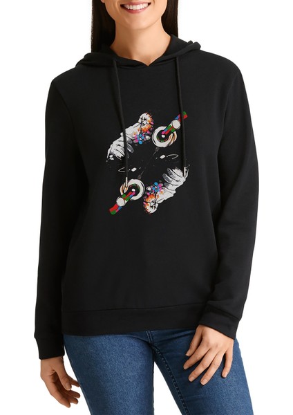 Dj Monkey Baskılı Siyah Kadın Örme Kapşonlu Sweatshirt Uzun Kol