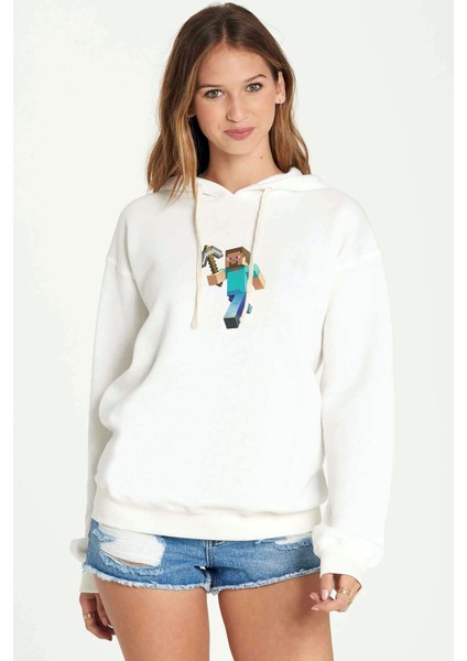 Minecraft Steve Baskılı Beyaz Kadın Örme Kapşonlu Sweatshirt Uzun Kol