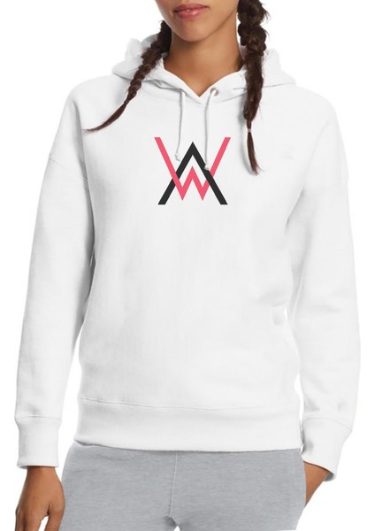 Walker Logo Baskılı Beyaz Kadın Örme Kapşonlu Sweatshirt Uzun Kol